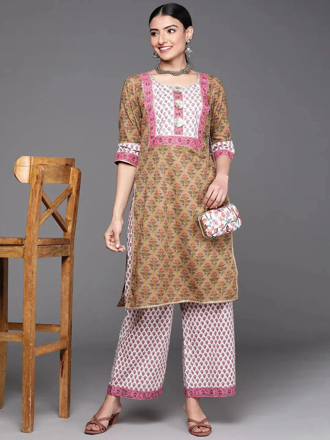 Olive Green Yoke Design Cotton Kurta - Libas 