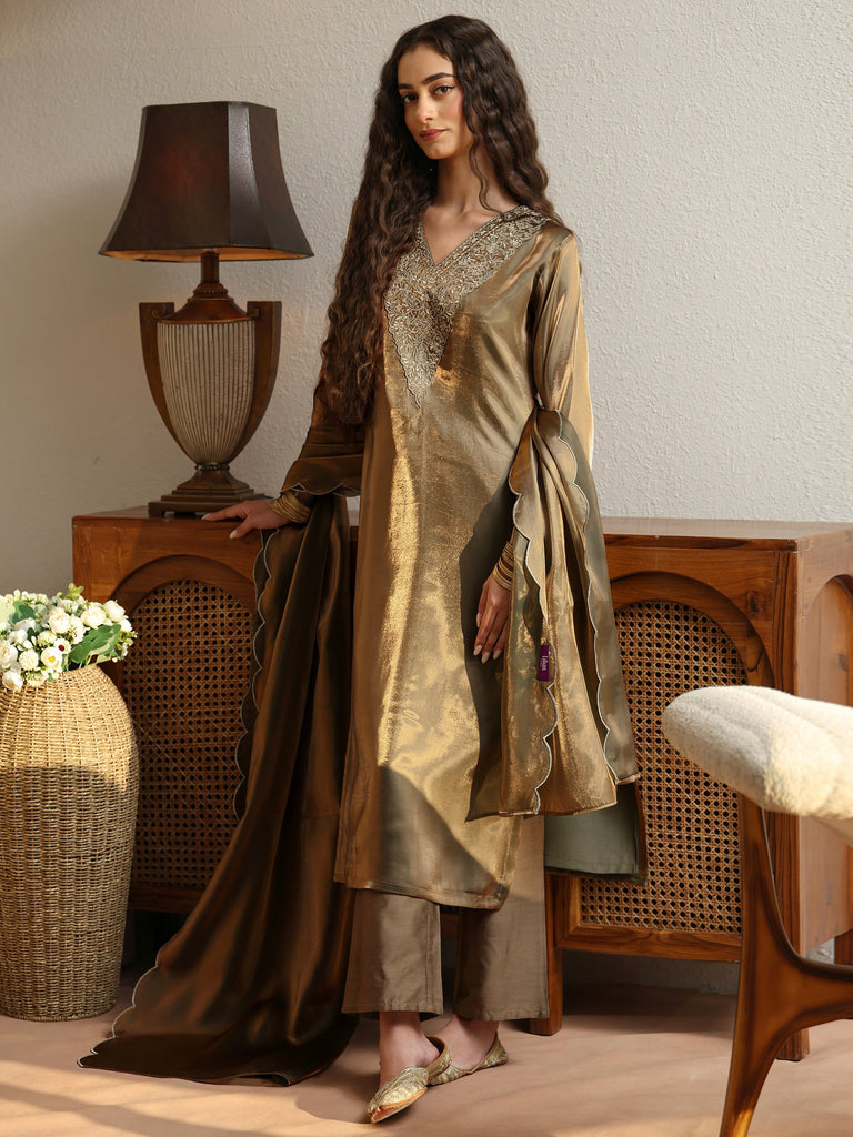 Gerua Olive Green Yoke Design Tissue Straight Suit Set