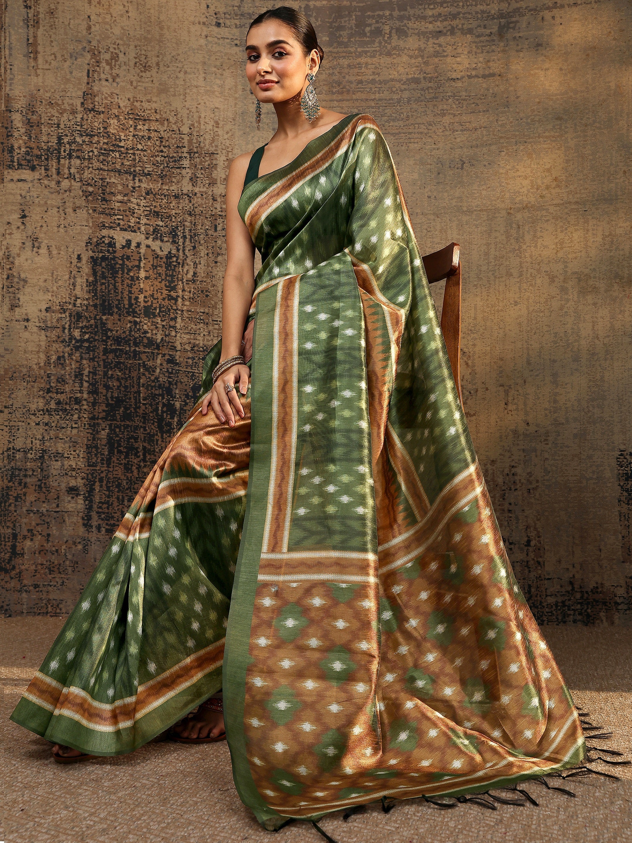 libas Olive Ikat Printed Silk Saree With Unstitched Blouse Piece-picture-27