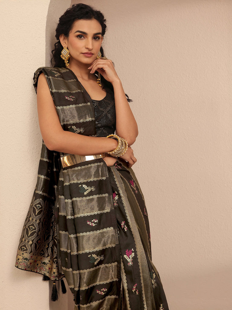 Libas Olive Ikat Woven Design Silk Blend Saree With Unstitched Blouse Piece