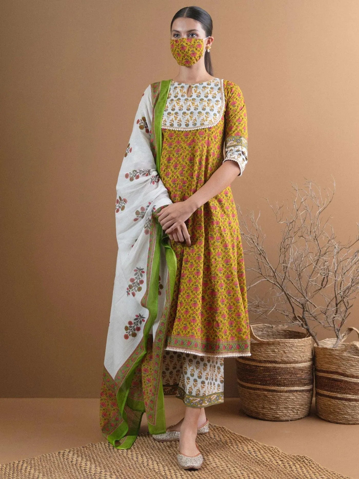 Olive Green Printed Cotton Suit Set With Mask - Libas