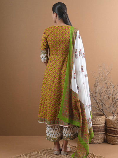 Olive Green Printed Cotton Suit Set With Mask - Libas