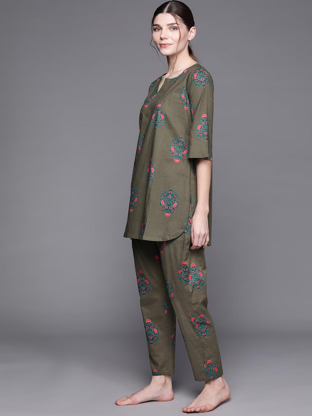 Olive Printed Cotton Night Suit - Libas