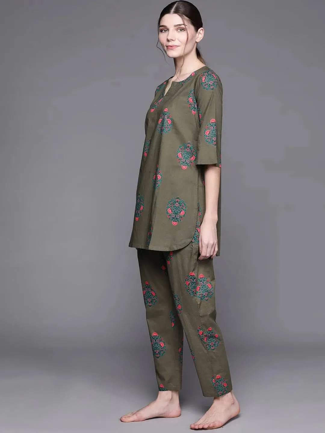 

Buy Olive Printed Cotton Night Suit - 50034- | Libas Ethnic Wear Online