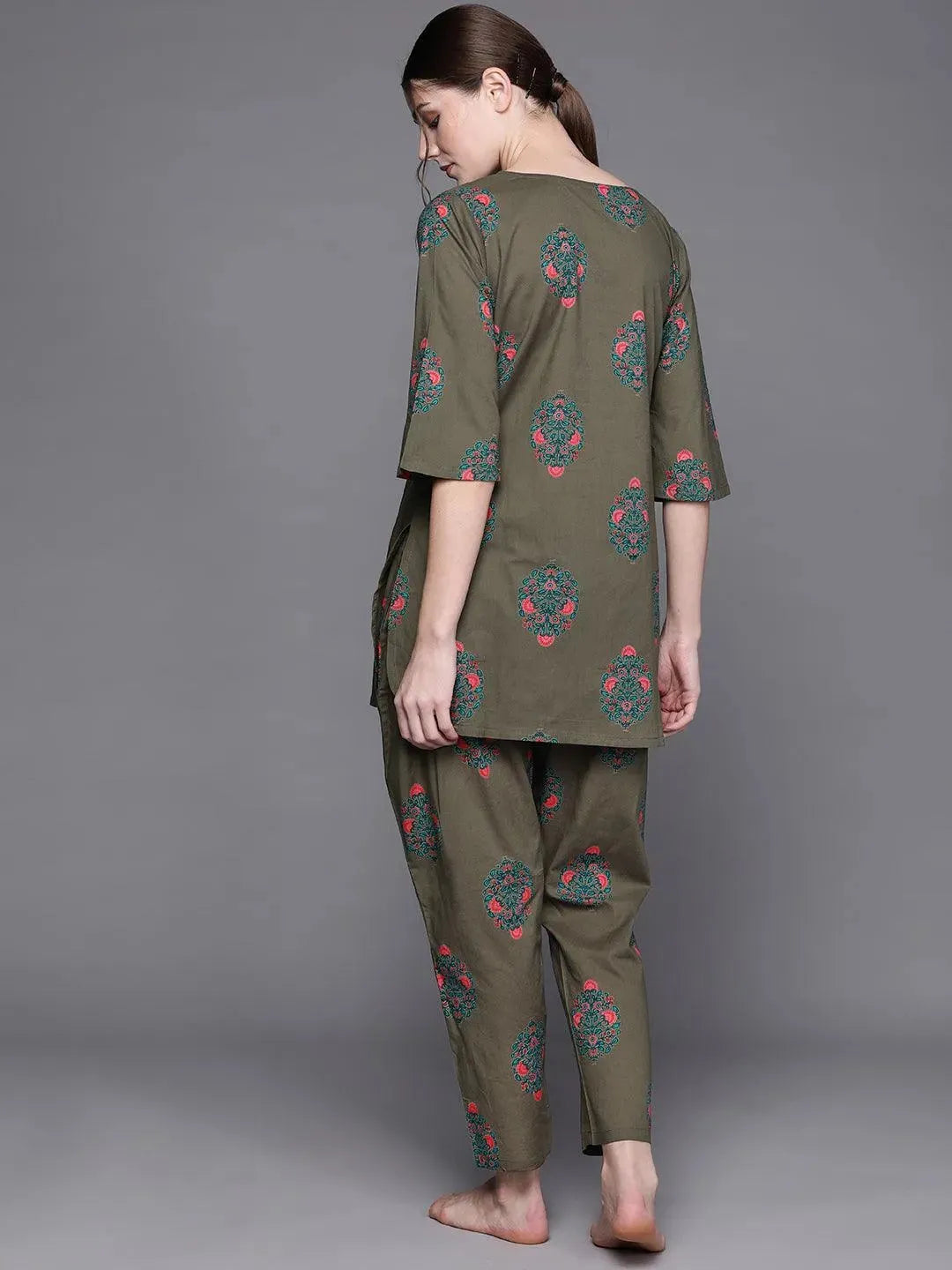 Olive Printed Cotton Night Suit - Libas 