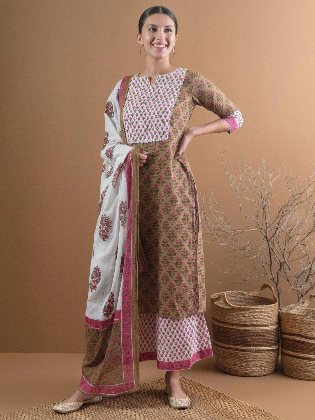 Olive Green Printed Cotton Suit Set - Libas