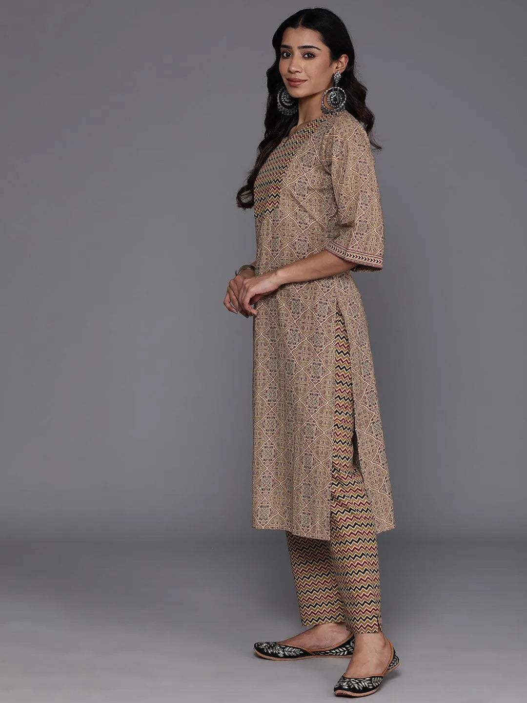 Olive Printed Cotton Straight Kurta With Palazzos & Dupatta - Libas 