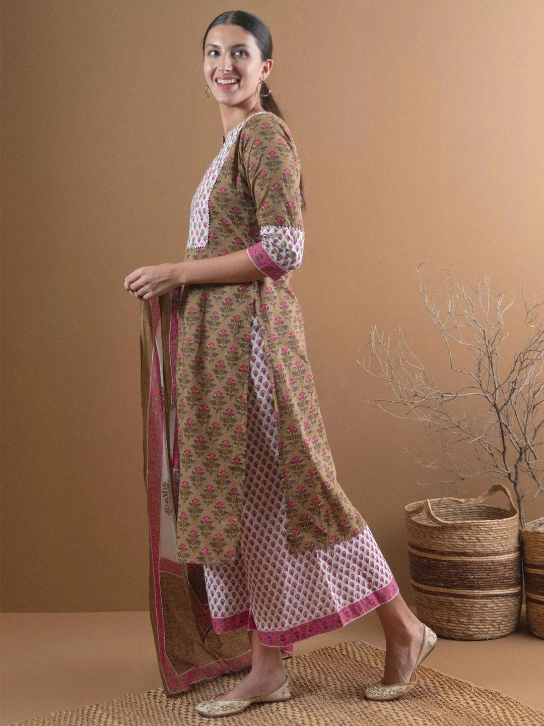 Olive Green Printed Cotton Suit Set - Libas