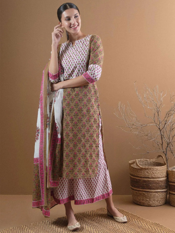 Olive Green Printed Cotton Suit Set - Libas