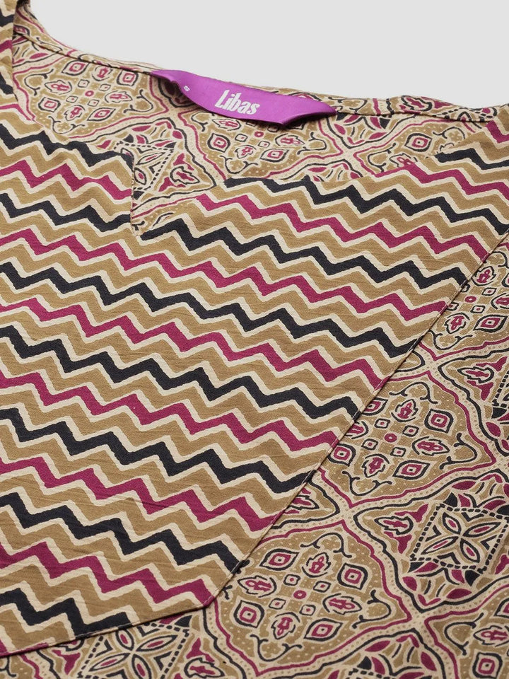 Olive Printed Cotton Straight Kurta With Palazzos & Dupatta - Libas