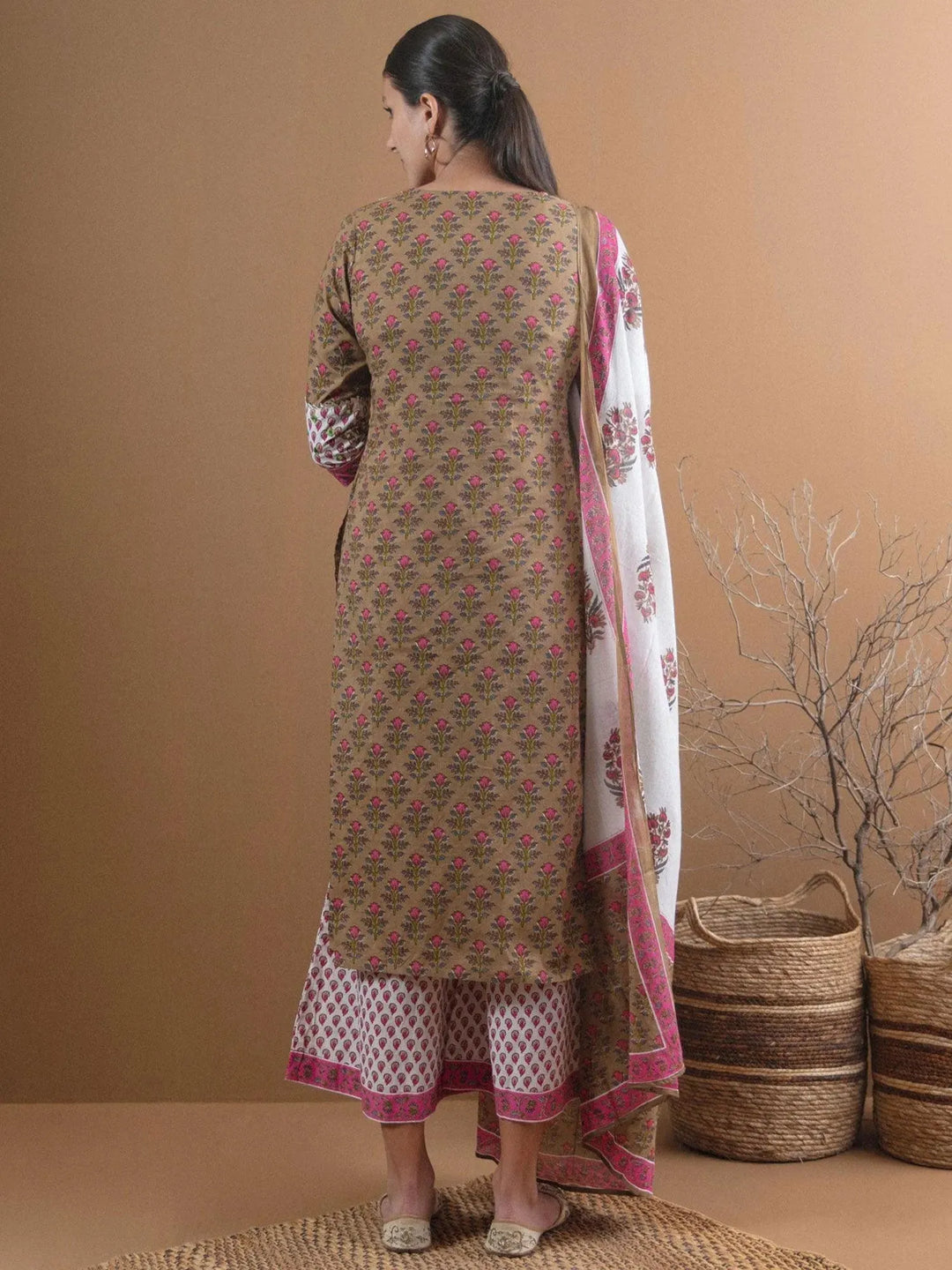 Olive Green Printed Cotton Suit Set - Libas 