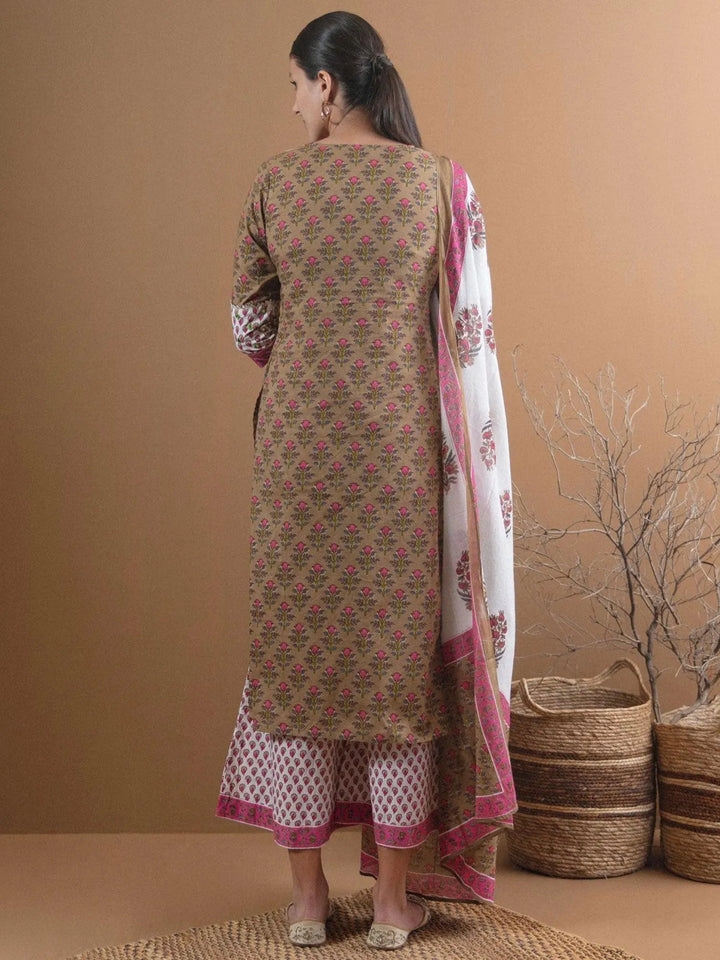 Olive Green Printed Cotton Suit Set - Libas