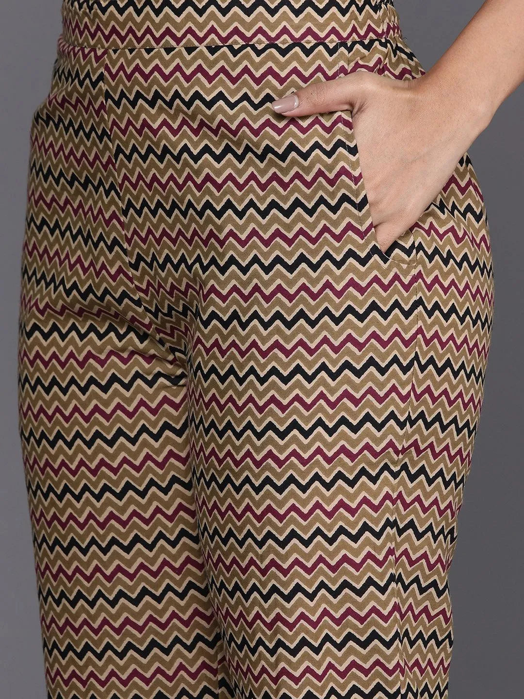 Olive Printed Cotton Straight Kurta With Palazzos & Dupatta - Libas 