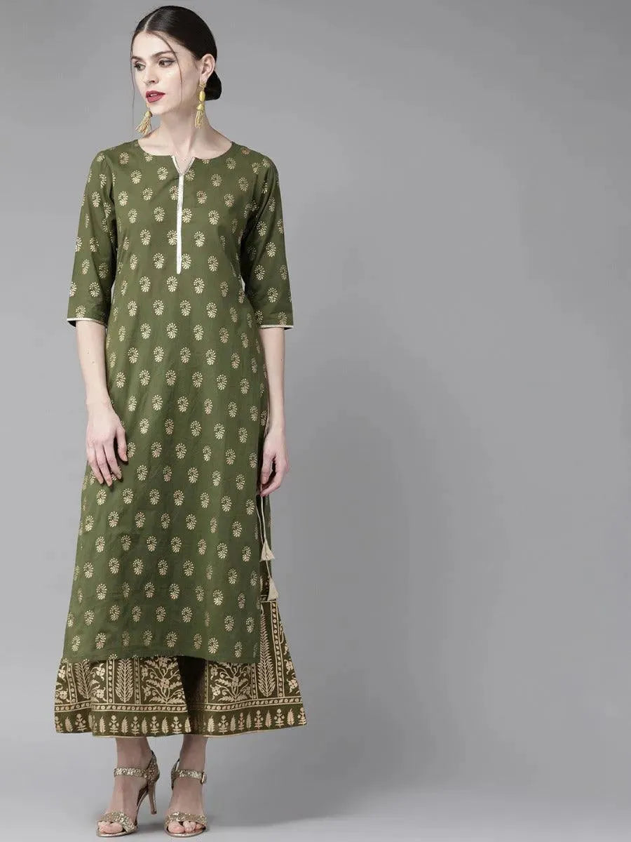 Olive Green Printed Cotton Kurta Set - Libas