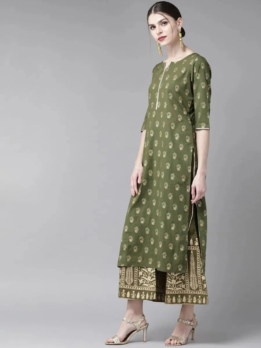 Olive Green Printed Cotton Kurta Set - Libas 
