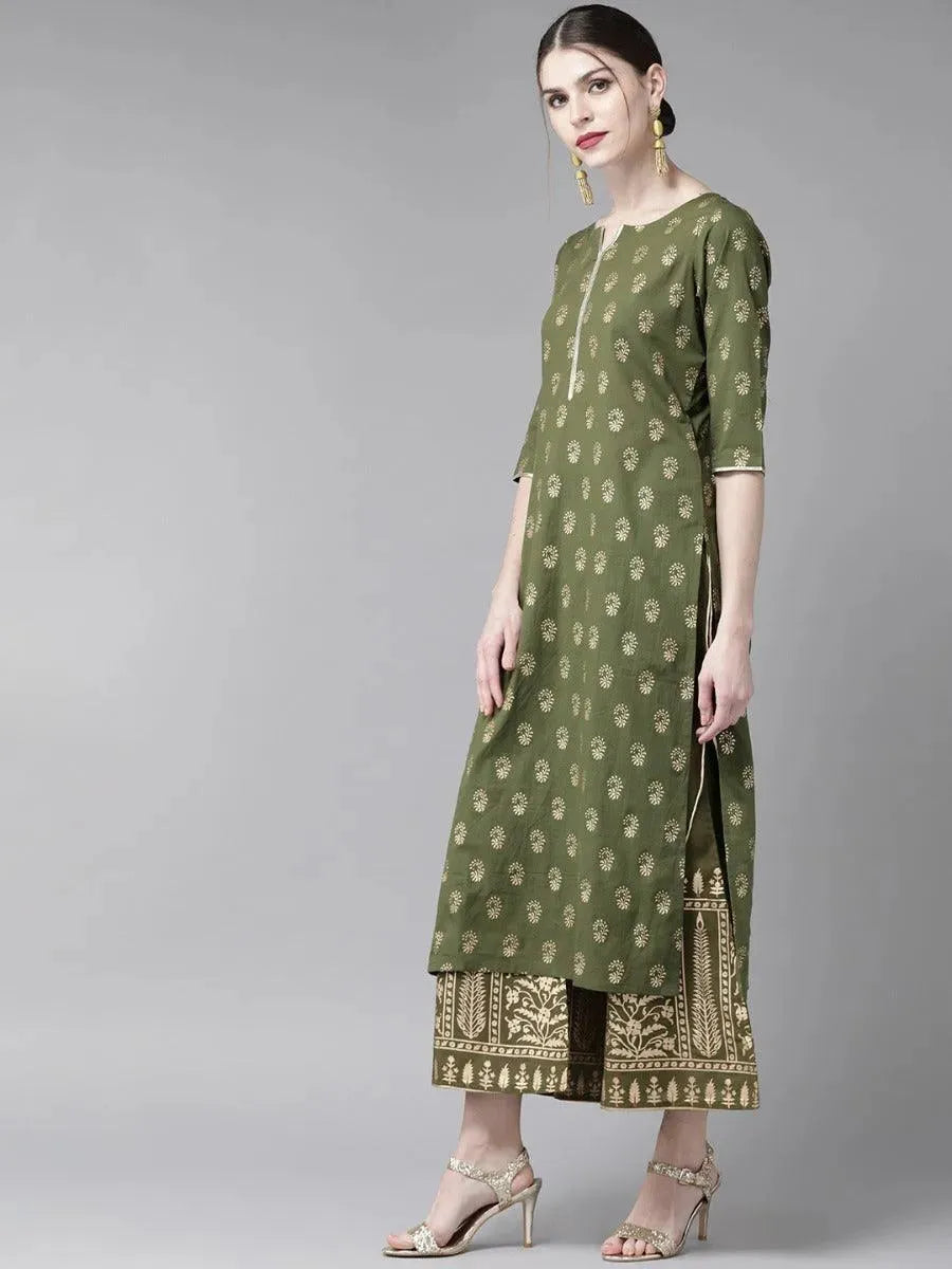 Olive Green Printed Cotton Kurta Set - Libas