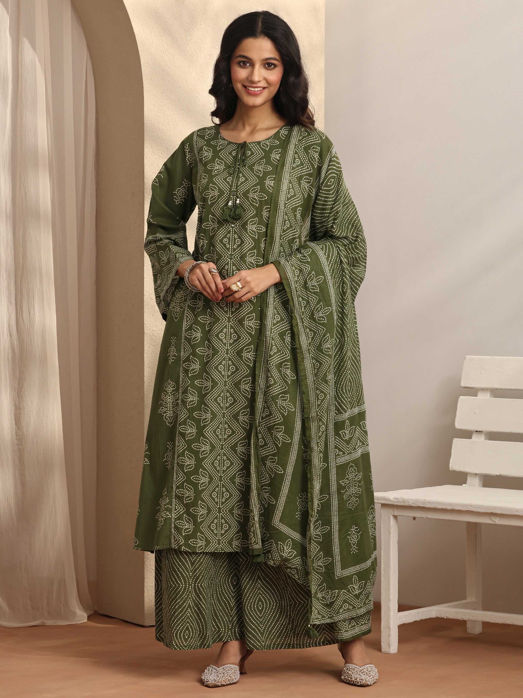 Olive Printed Cotton Straight Suit Set With Dupatta-image-9
