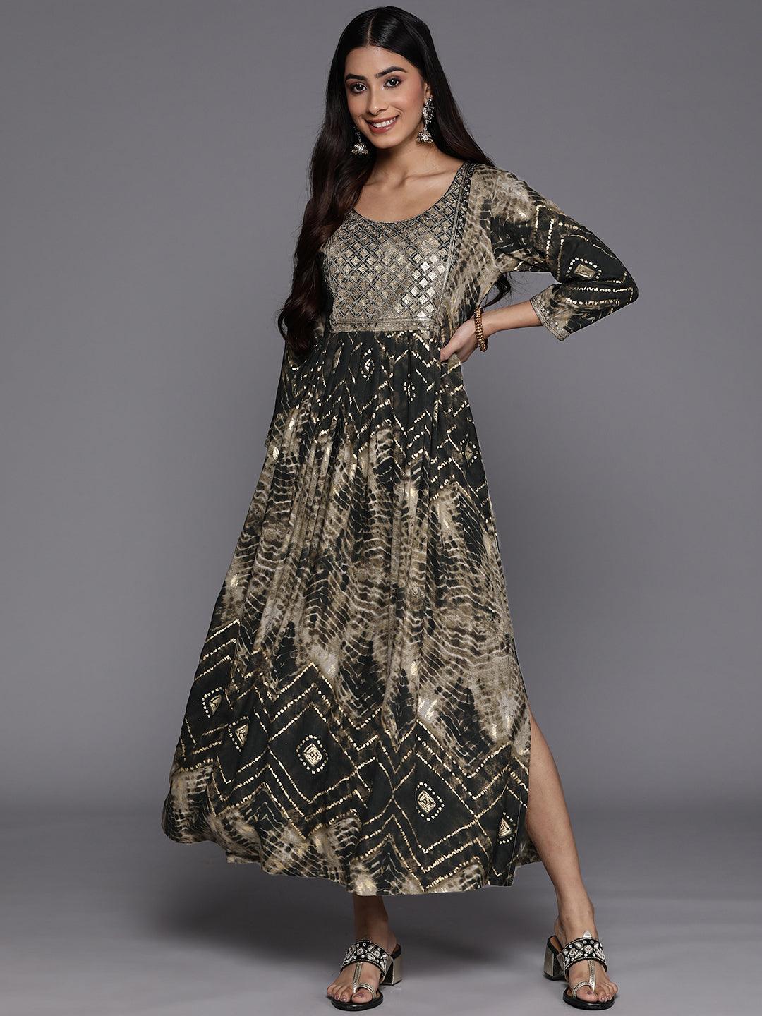 Olive Printed Fit and Flare Rayon Dress - Libas