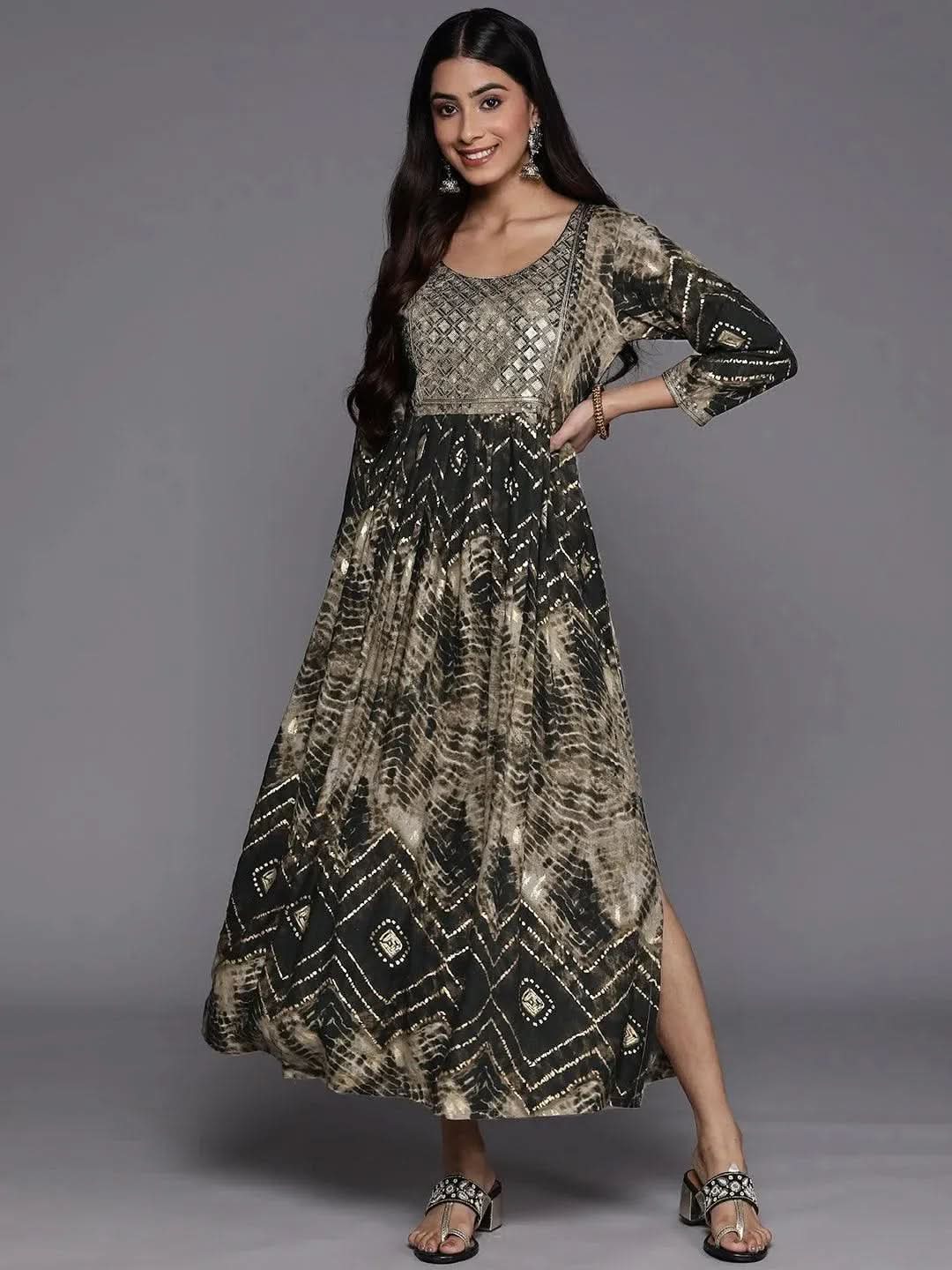 

Olive Printed Fit and Flare Rayon Dress
