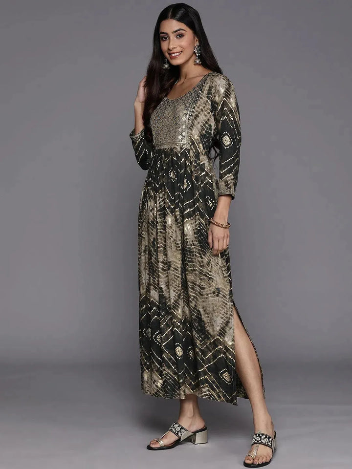 Olive Printed Fit and Flare Rayon Dress - Libas