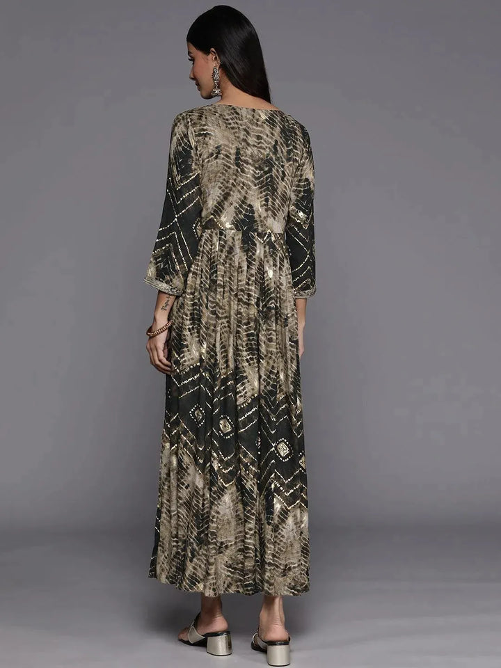 Olive Printed Fit and Flare Rayon Dress - Libas