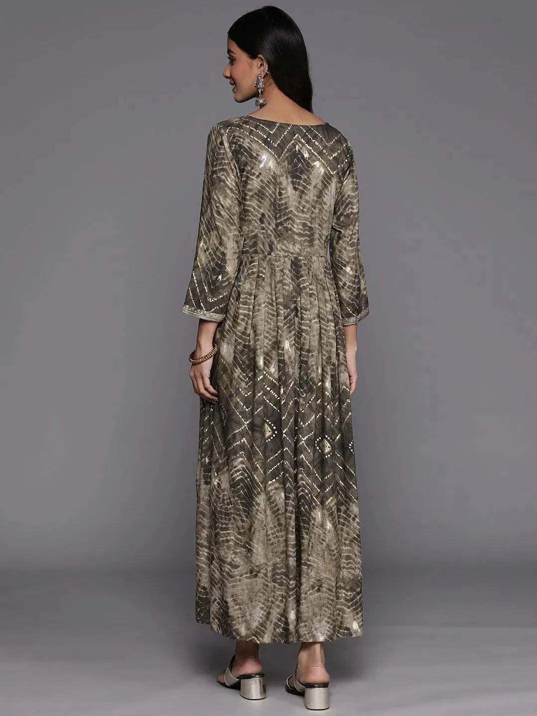 Olive Printed Fit and Flare Rayon Dress - Libas 