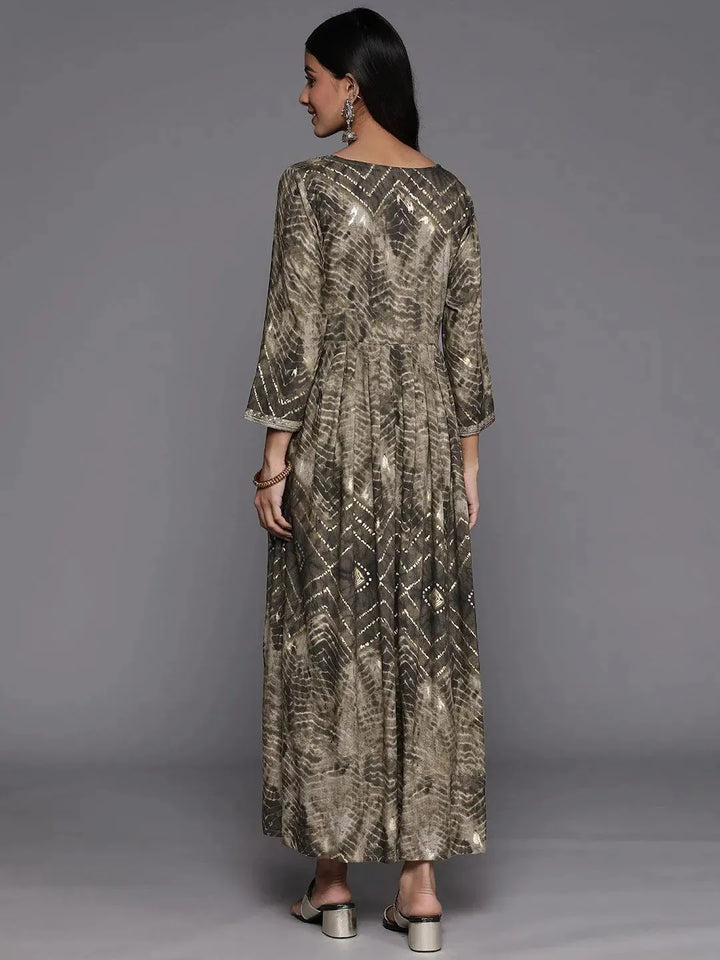 Olive Printed Fit and Flare Rayon Dress - Libas