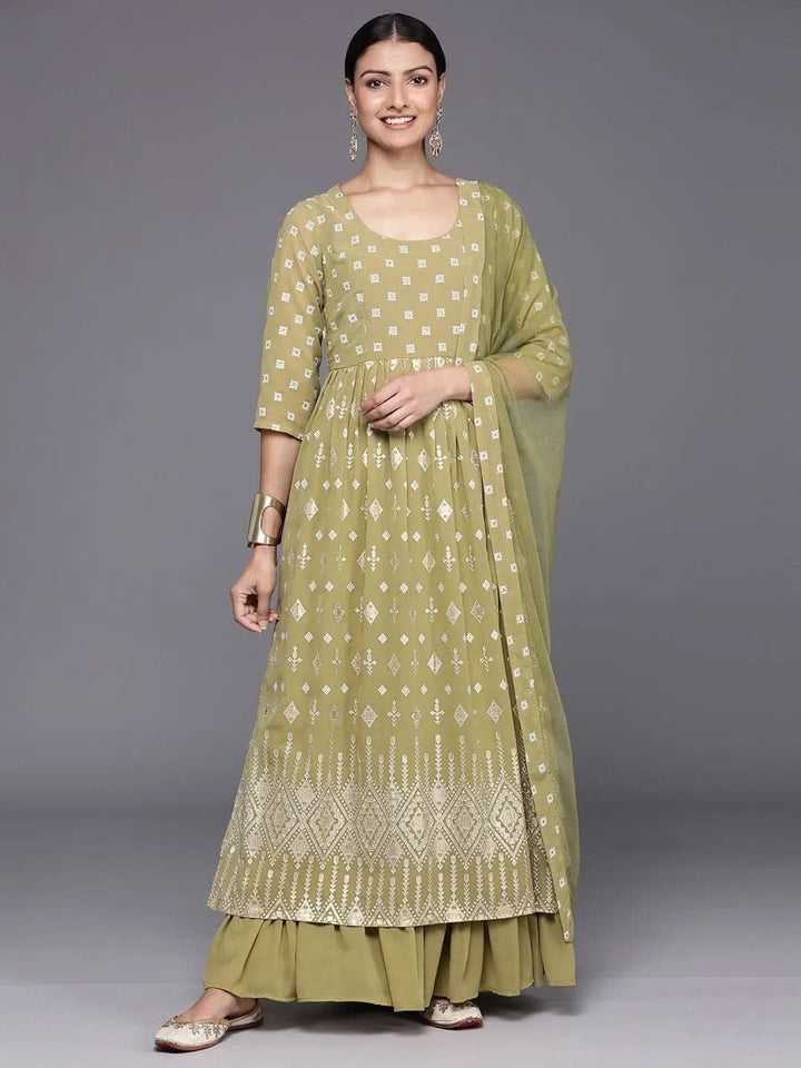Olive Printed Georgette A-Line Kurta With Palazzos & Dupatta - Libas