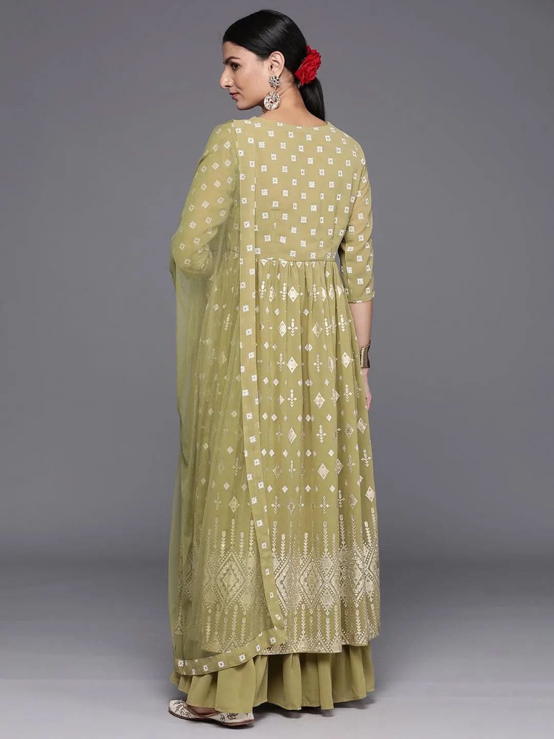 Olive Printed Georgette A-Line Kurta With Palazzos & Dupatta - Libas 