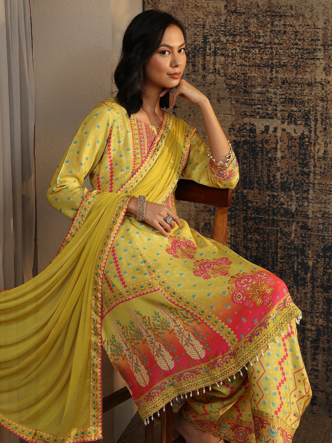 Olive Printed Muslin A-Line Suit Set With Dupatta