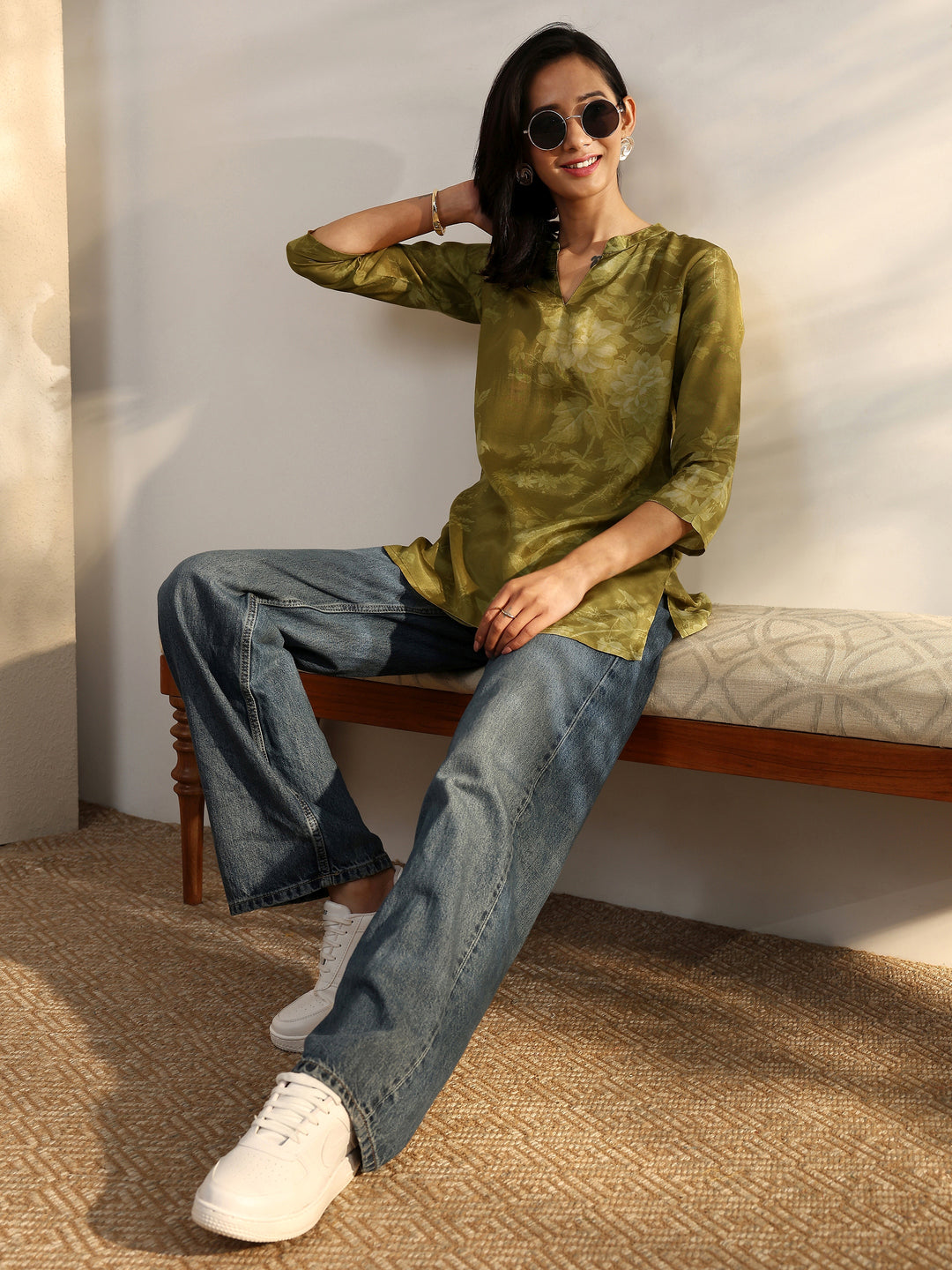 Olive Printed Muslin Straight Short Kurti