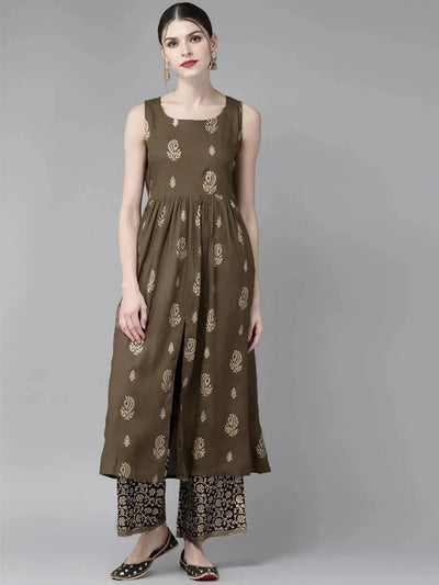 Olive Green Printed Rayon Kurta Set - Libas