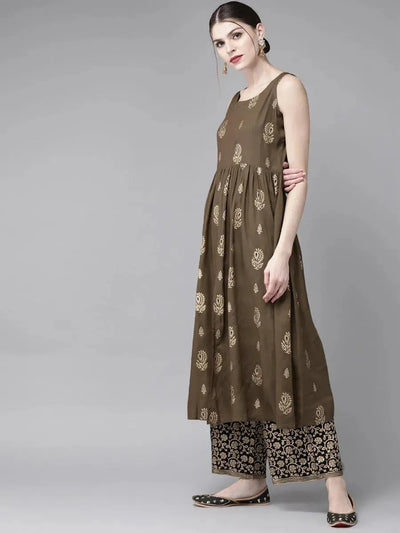 Olive Green Printed Rayon Kurta Set - Libas