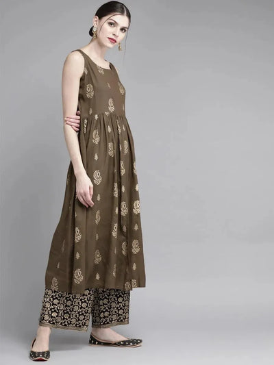 Olive Green Printed Rayon Kurta Set - Libas