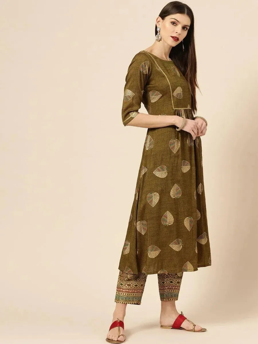Olive Green Printed Rayon Kurta Set - Libas 
