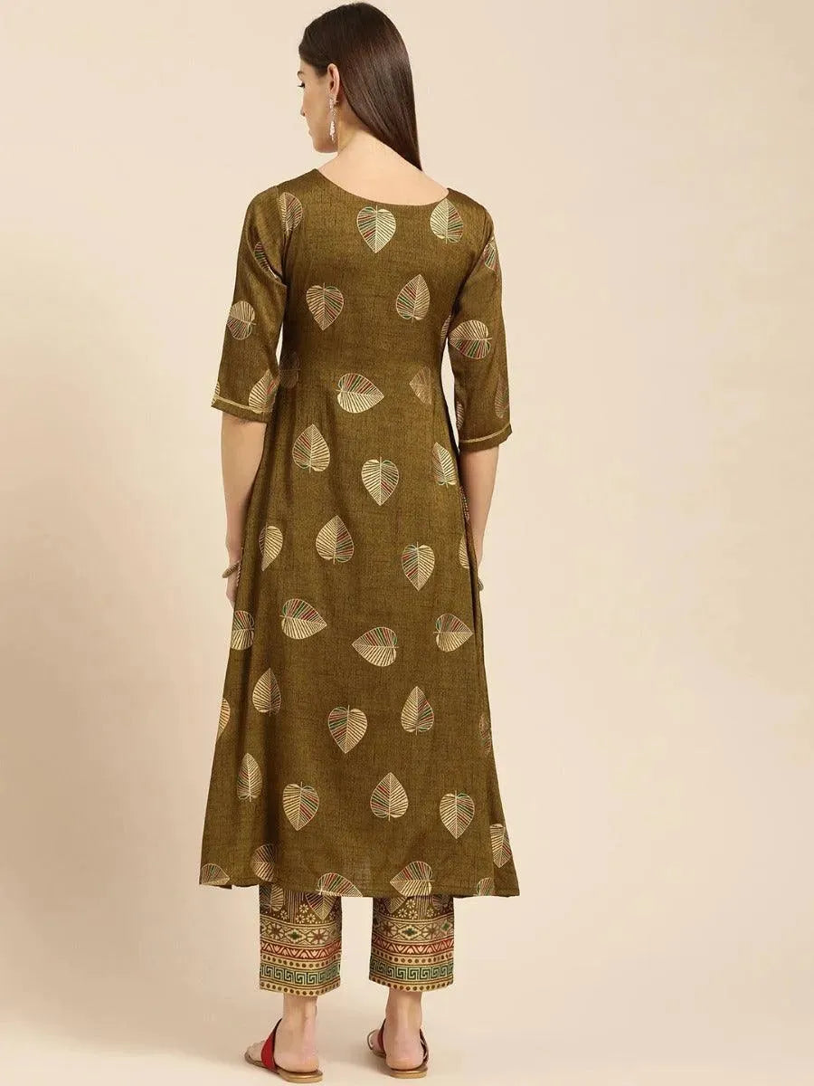 Olive Green Printed Rayon Kurta Set - Libas 
