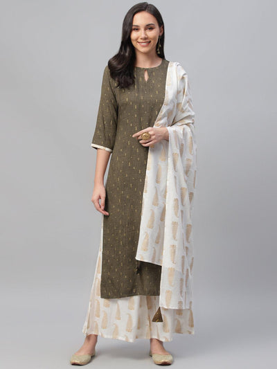 Olive Green Printed Rayon Suit Set - Libas