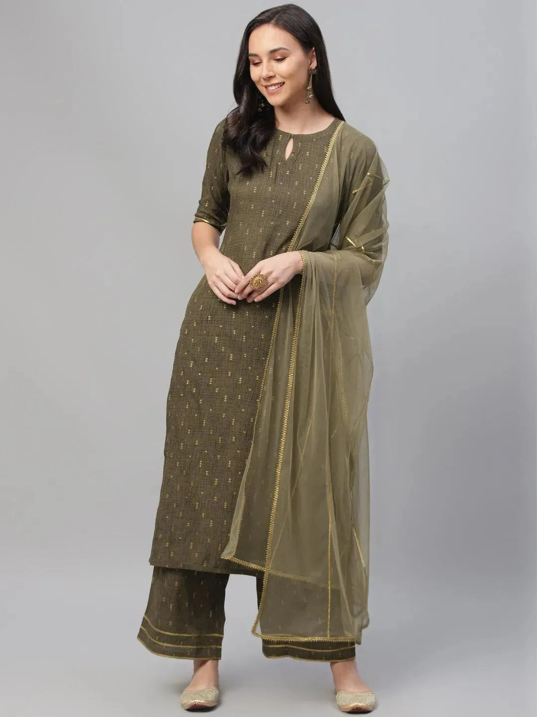 Olive Green Printed Rayon Suit Set - Libas