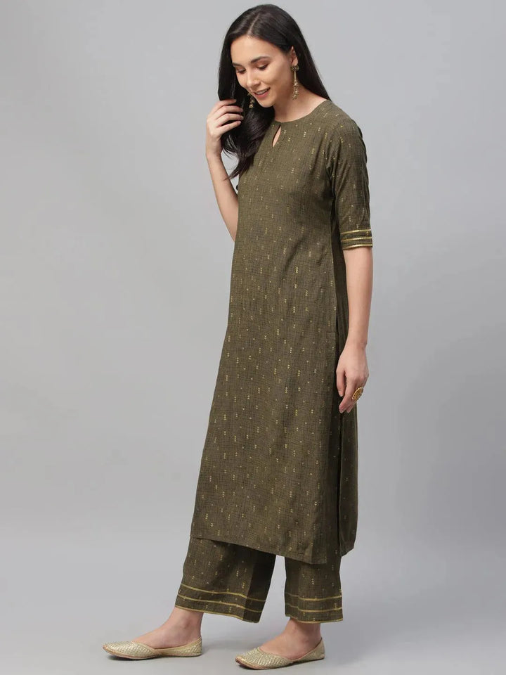 Olive Green Printed Rayon Suit Set - Libas