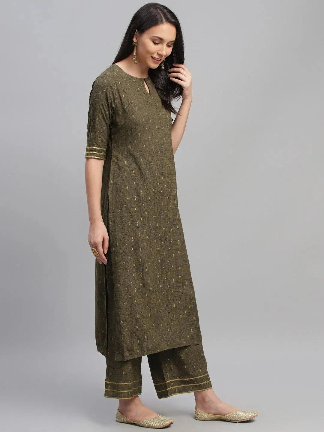Olive Green Printed Rayon Suit Set - Libas 