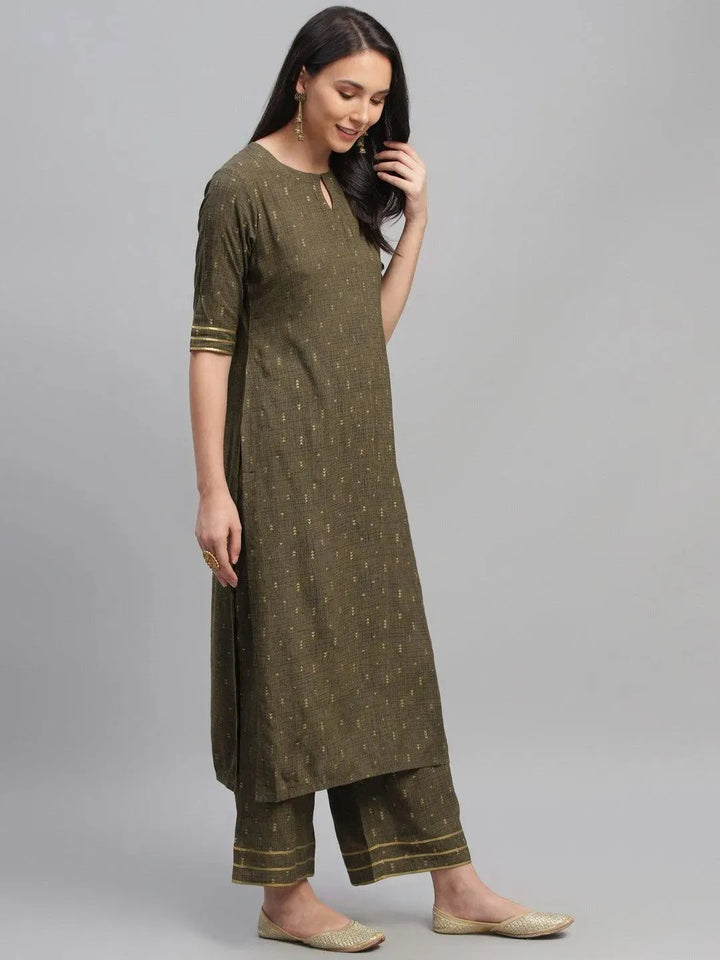 Olive Green Printed Rayon Suit Set - Libas