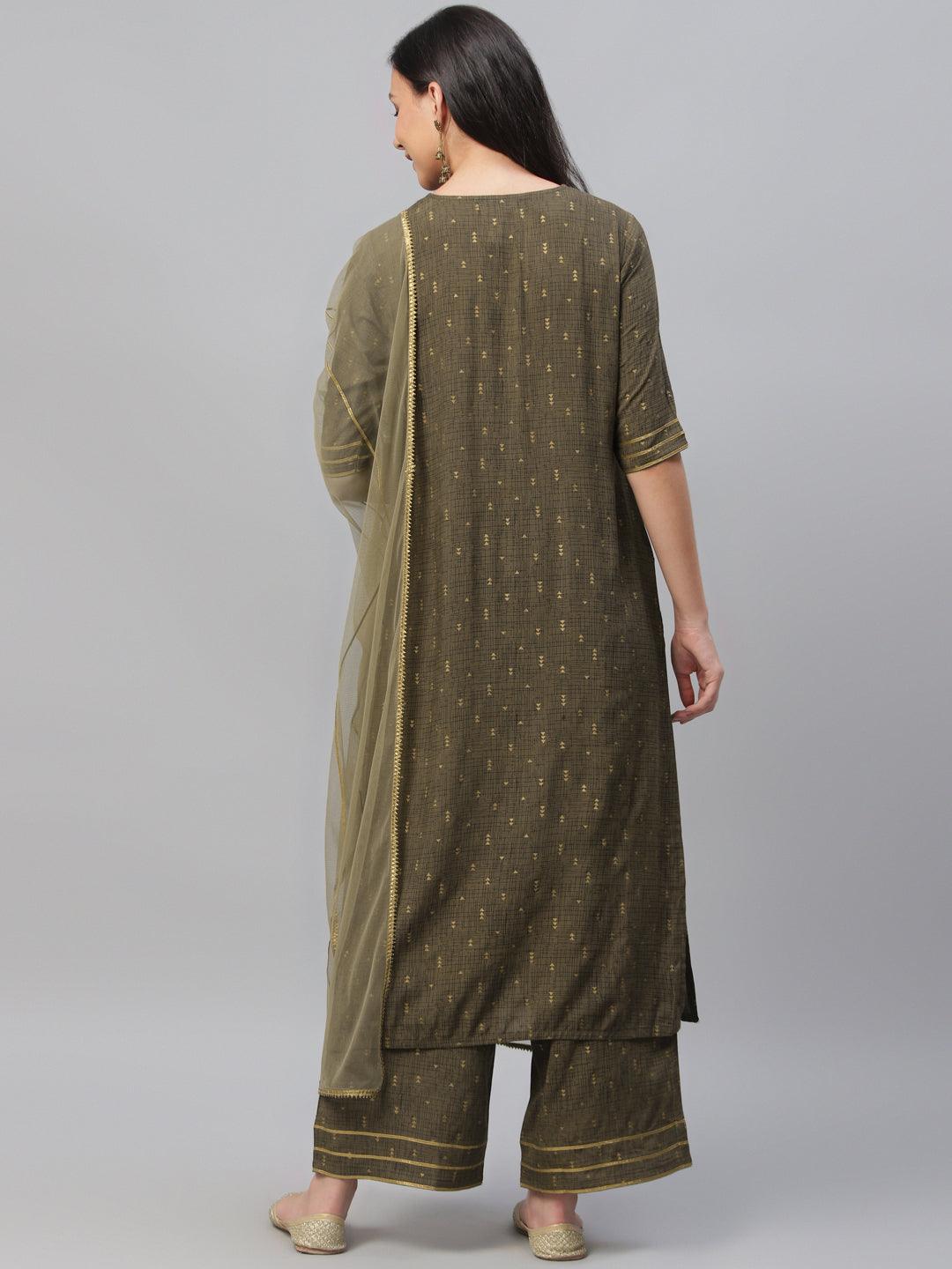Olive Green Printed Rayon Suit Set - Libas
