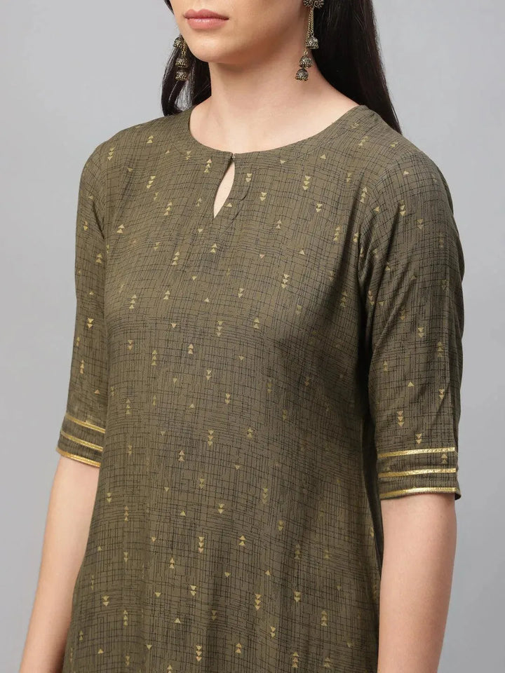Olive Green Printed Rayon Suit Set - Libas