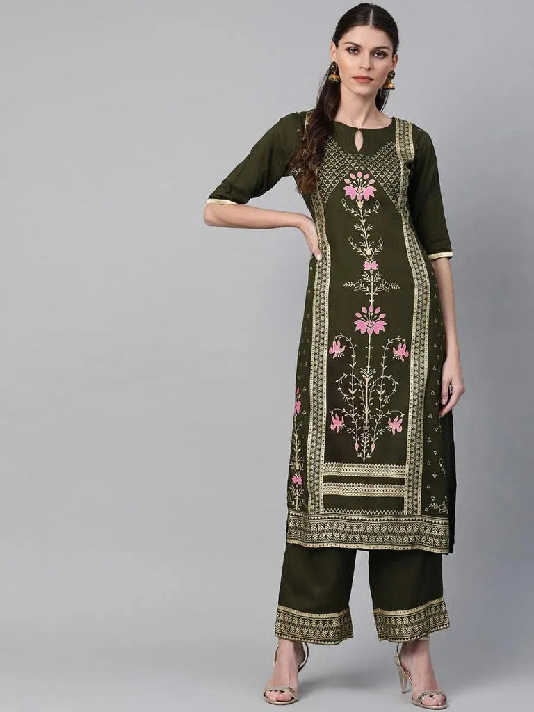 Libas Olive Printed Rayon Straight Kurta With Palazzos