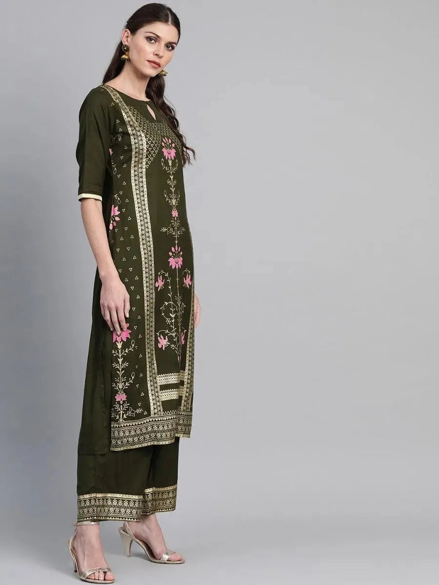 Olive Green Printed Rayon Kurta Set - Libas 