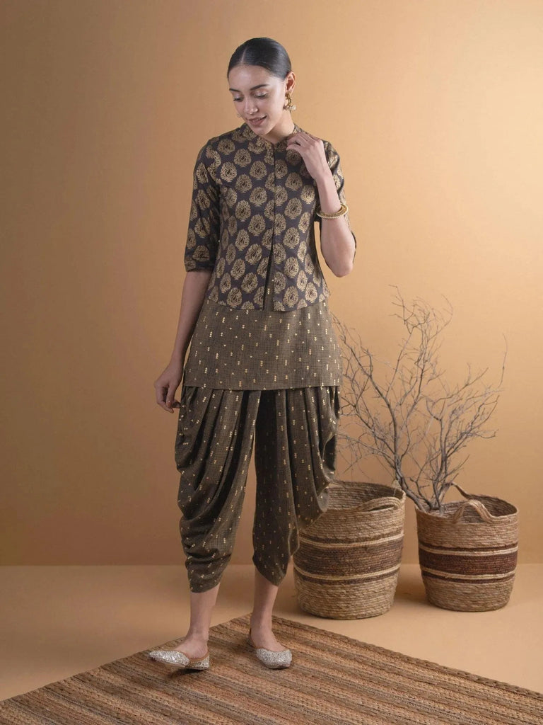Libas Olive Printed Rayon Straight Kurta With Salwar & Shrug