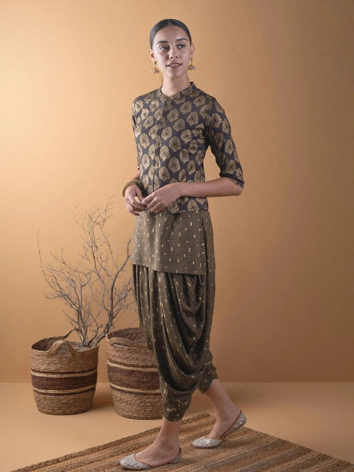 Olive Printed Rayon Straight Kurta With Salwar & Shrug - Libas