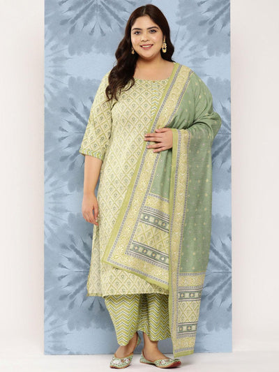 Olive Printed Rayon Straight Kurta With Trousers and Dupatta - Libas
