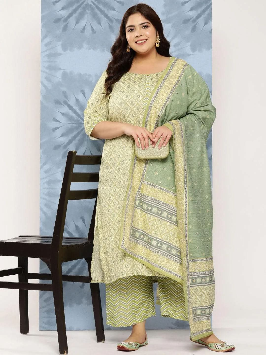 Olive Printed Rayon Straight Kurta With Trousers and Dupatta - Libas 