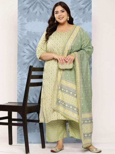 Olive Printed Rayon Straight Kurta With Trousers and Dupatta - Libas